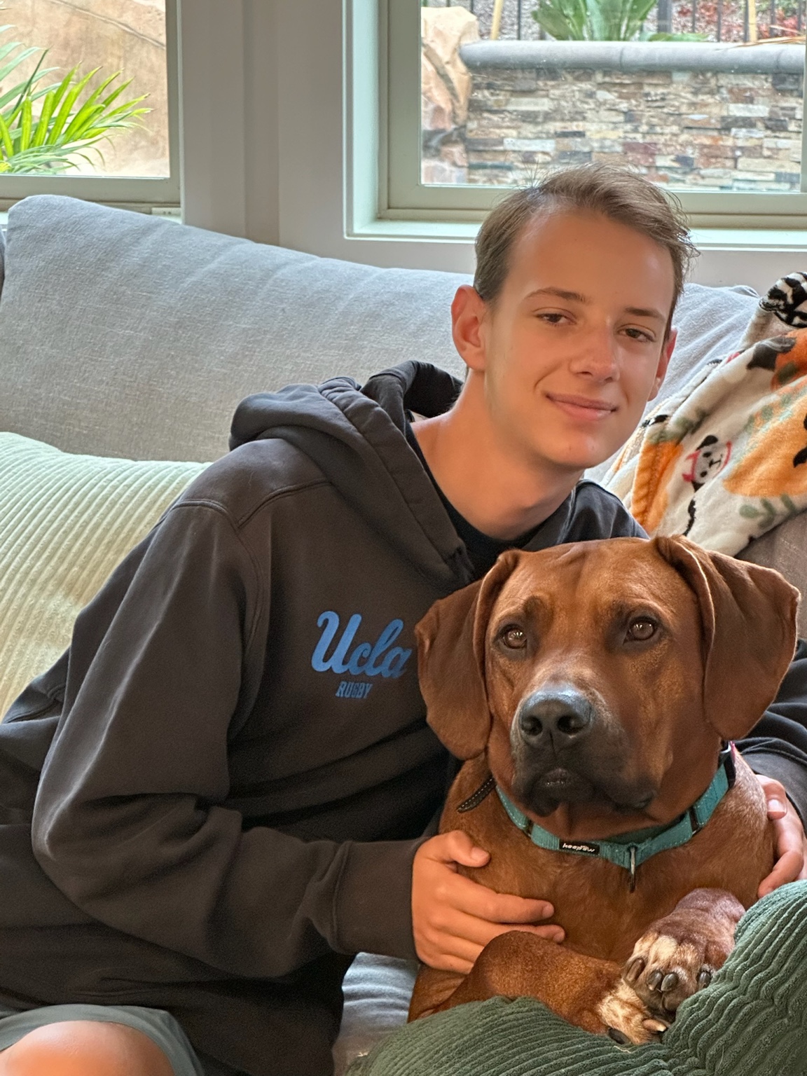 Teen boy with a large brown dog